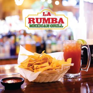 chips, salsa, and a drink, with the La Rumba Mexican Grill logo