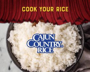 bowl of white rice with Cajun Country Rice logo