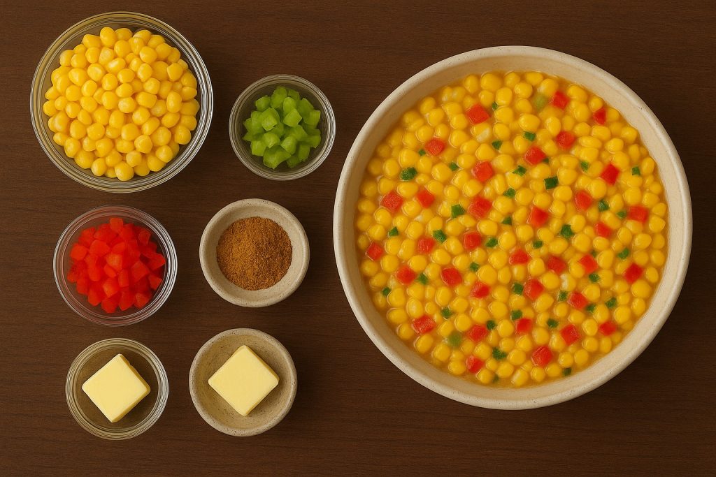 corn maque chou in a bowl on the right of the image with smaller bowls of ingredients on the left half