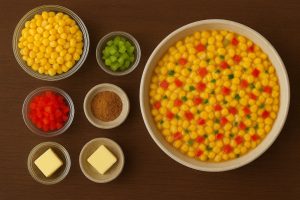 corn maque chou in a bowl on the right of the image with smaller bowls of ingredients on the left half