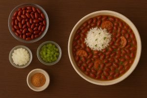 large bowl of red beans, rice, and sausage on the right of the image. Smaller bowls of ingredients to the left.