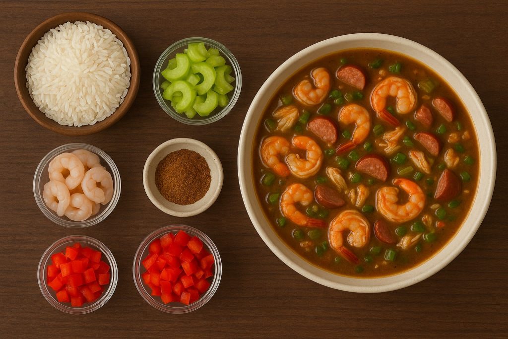 seafood gumbo in a bowl on the right of the image with smaller bowls of ingredients on the left