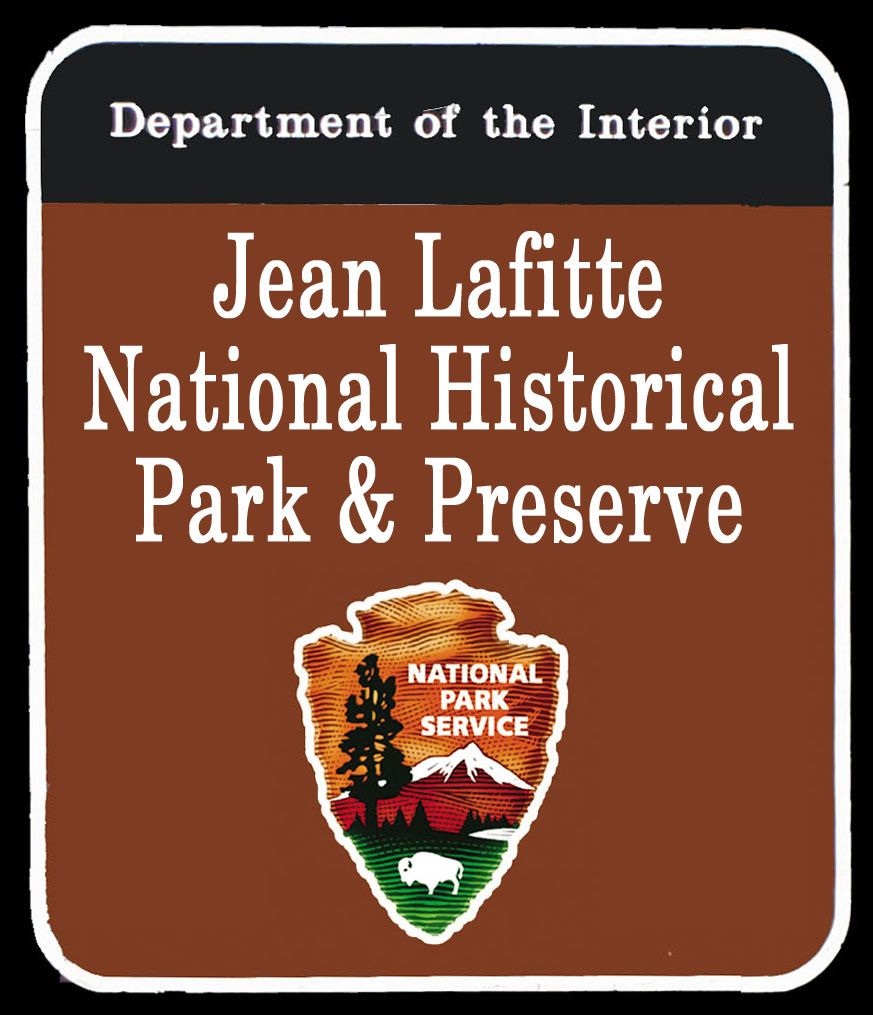 Jean Lafitte National Historical Park and Preserve with arrowhead national park service logo on a brown background