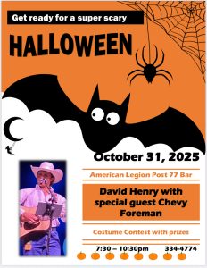 Informational flyer about Halloween at American Legion in Rayne, Louisiana