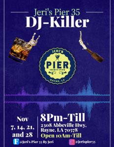 Informational Flyer for DJ Killer at Jeri's Pier 35