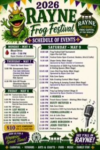informational flyer with schedule for 2026 Rayne Frog Festival