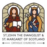 two stained-glass images, side by side, Wording says, St. John the Evangelist & St. Margaret of Scotland Catholic Churches