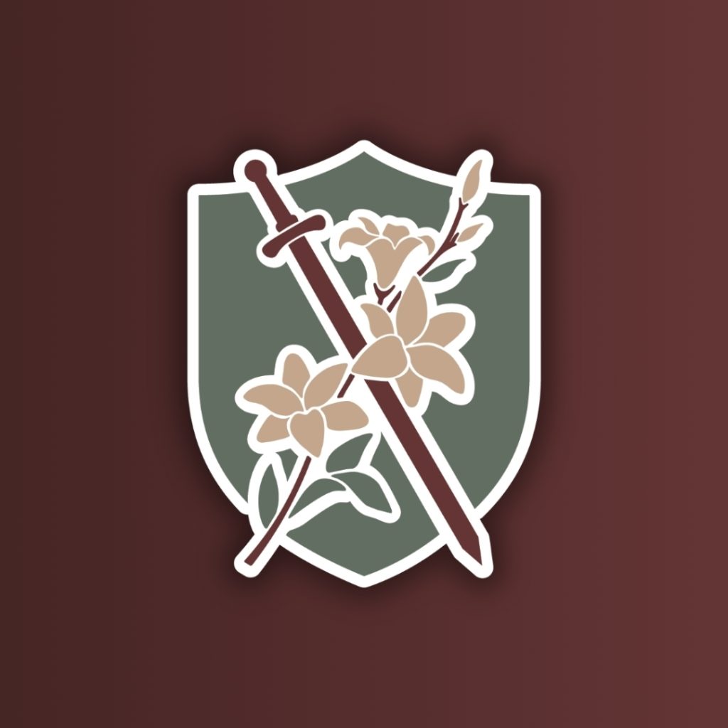 green shield set on a maroon background with flowers and a sword crossed on top