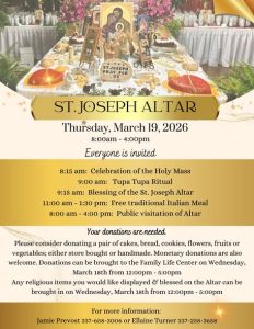 Information Flyer for St. Joseph Altar with a picture of a table spread and gold accents
