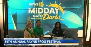 Screenshot of news interview segment featuring Rayne Frog Festival