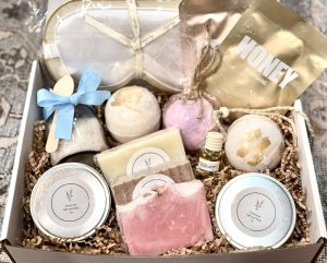 Gift basket of soaps and bath products