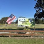 Large sign that reads Cajun Pine Golf Club with an American Flag in front of a golf course