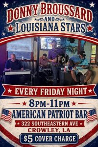 Informational Flyer about Donny Broussard music at American Patriot Bar
