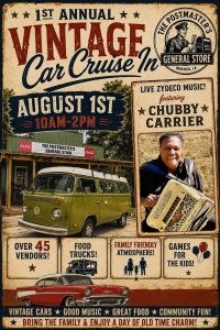 Informational flyer about upcoming event, Vintage Car Cruise In