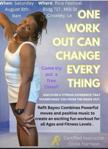 Woman in workout dress promoting an exercise class