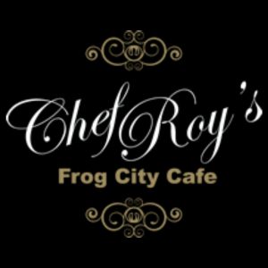 logo of Chef Roy's Frog City Cafe on a black background