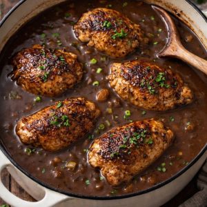 Cajun chicken fricassee in a dark gravy in a pot