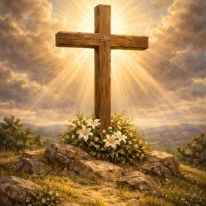 wooden cross on a hill with sunlight coming from behind