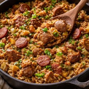 pork jambalaya in a cast iron pot and wooden spoon