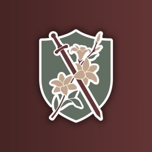 green shield set on a maroon background with flowers and a sword crossed on top