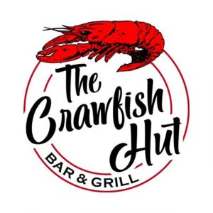 The Crawfish Hut Bar and Grill logo in a red circle with a crawfish on top
