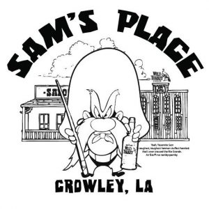 Yosemite Sam standing in front of historic buildings, black and white drawing